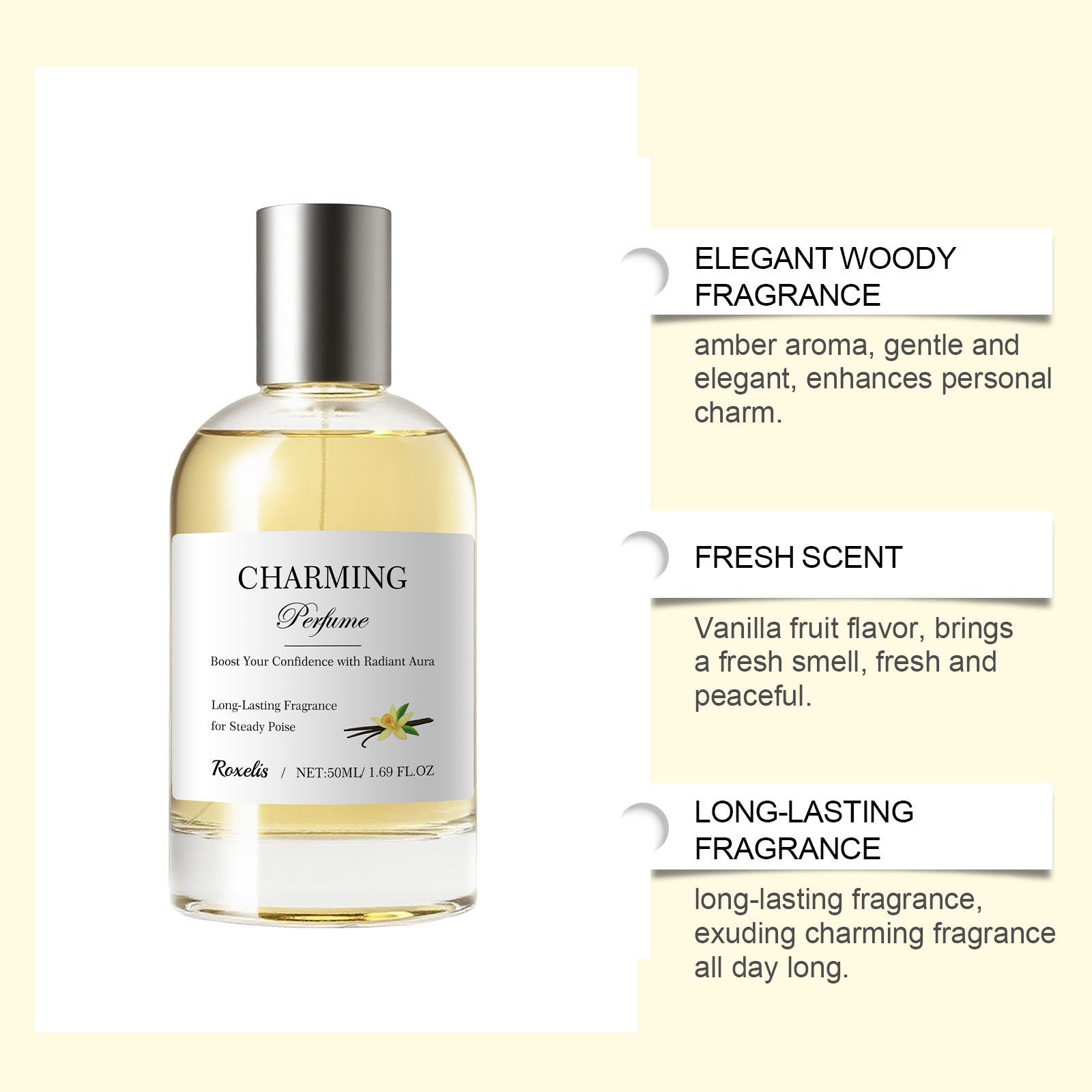 Roxelis Amber Vanilla Perfume Spray, Long Lasting Mild Scent, Refreshing Elegant Daily Fragrance