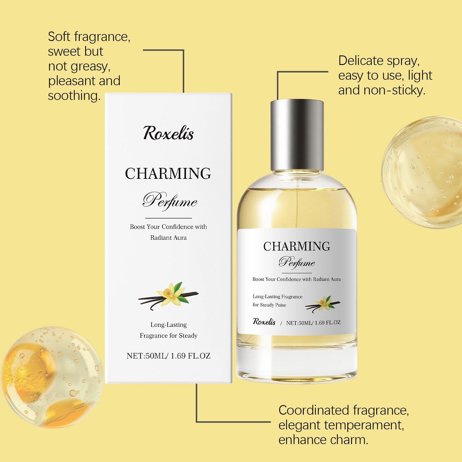 Roxelis Amber Vanilla Perfume Spray, Long Lasting Mild Scent, Refreshing Elegant Daily Fragrance