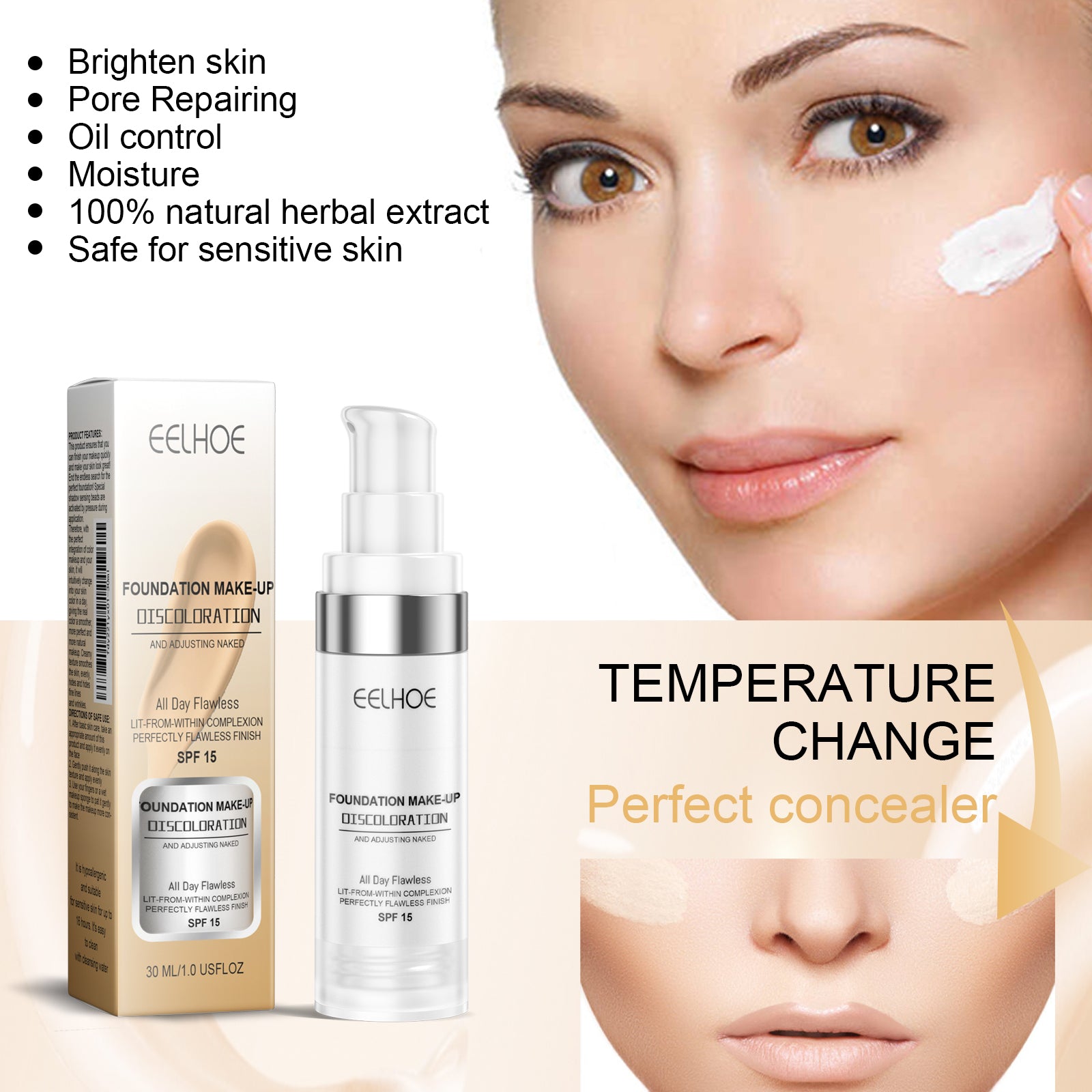EELHOE Color-Adapting Concealer Foundation – Full-Coverage, Hydrating & Long-Wear